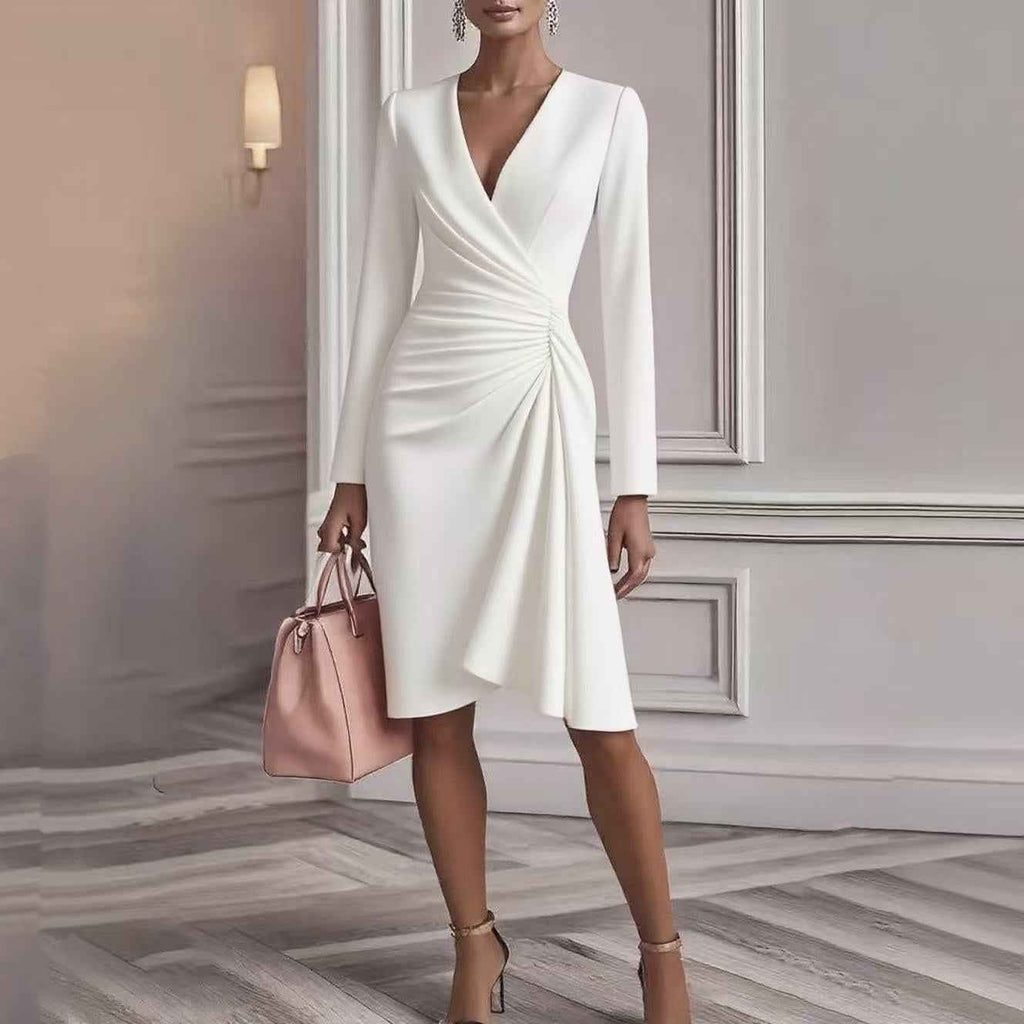 V Neck Slim-fit Midi Dress - Women's A-line Long Sleeve Party Dress with Pleated Design for Office Commuter Wear - Maliame Store