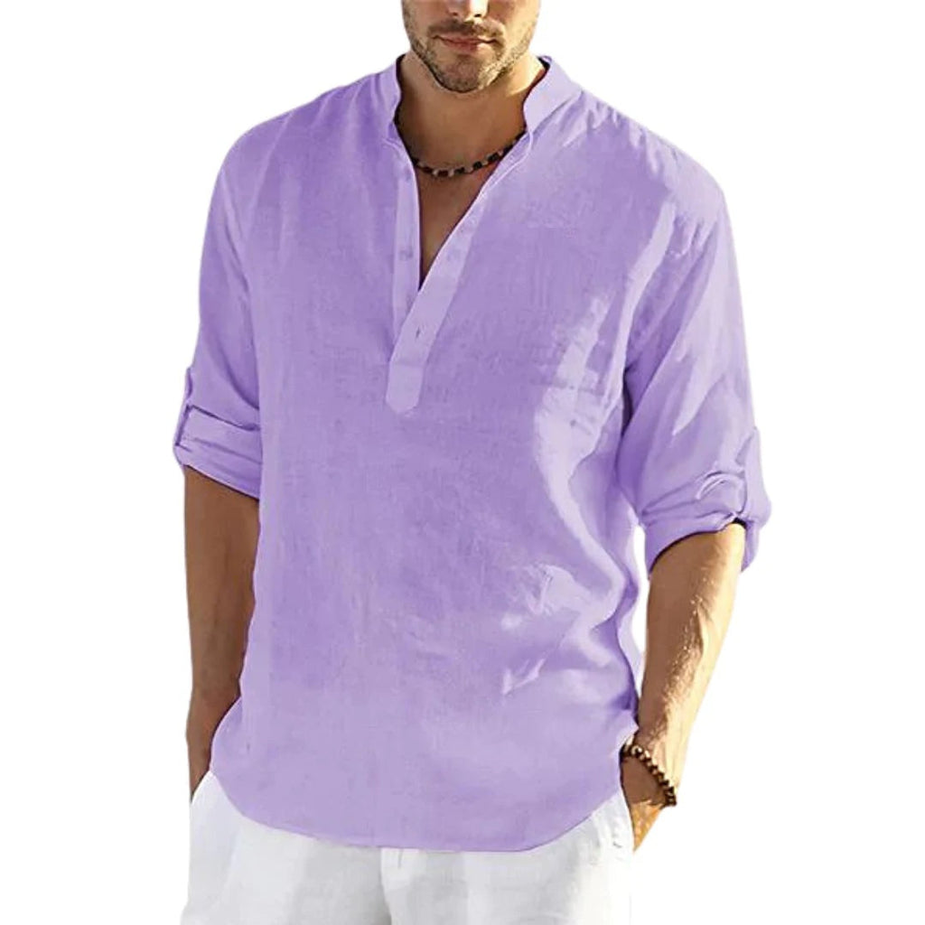Men's Casual Linen Shirt - Cotton Linen Solid Color Long Sleeve with Loose Stand Collar - Maliame Store
