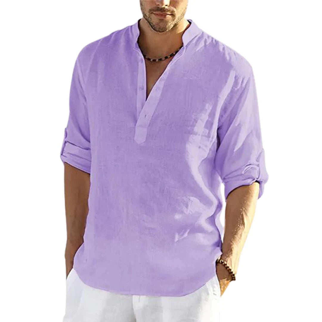 Men's Casual Linen Shirt - Cotton Linen Solid Color Long Sleeve with Loose Stand Collar - Maliame Store