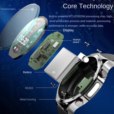 Reloj inteligente con monitor de salud, glucosa en sangre, ECG, presión arterial, frecuencia cardíaca, temperatura corporal y seguimiento del ejercicio.