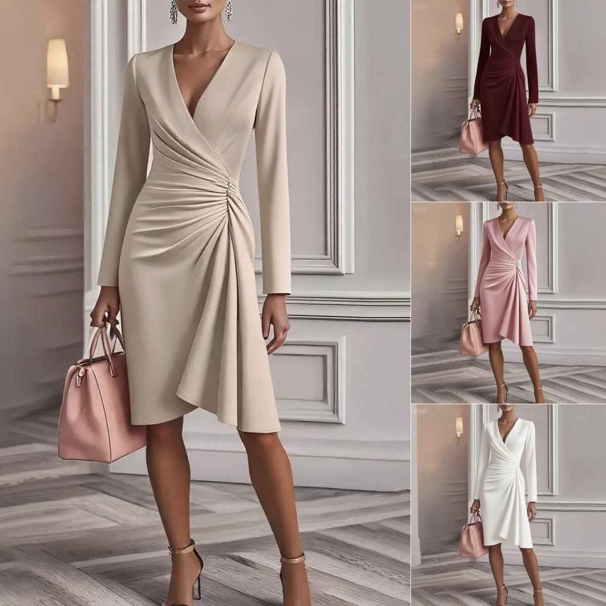 V Neck Slim-fit Midi Dress - Women's A-line Long Sleeve Party Dress with Pleated Design for Office Commuter Wear - Maliame Store