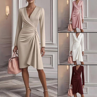 V Neck Slim-fit Midi Dress - Women's A-line Long Sleeve Party Dress with Pleated Design for Office Commuter Wear - Maliame Store
