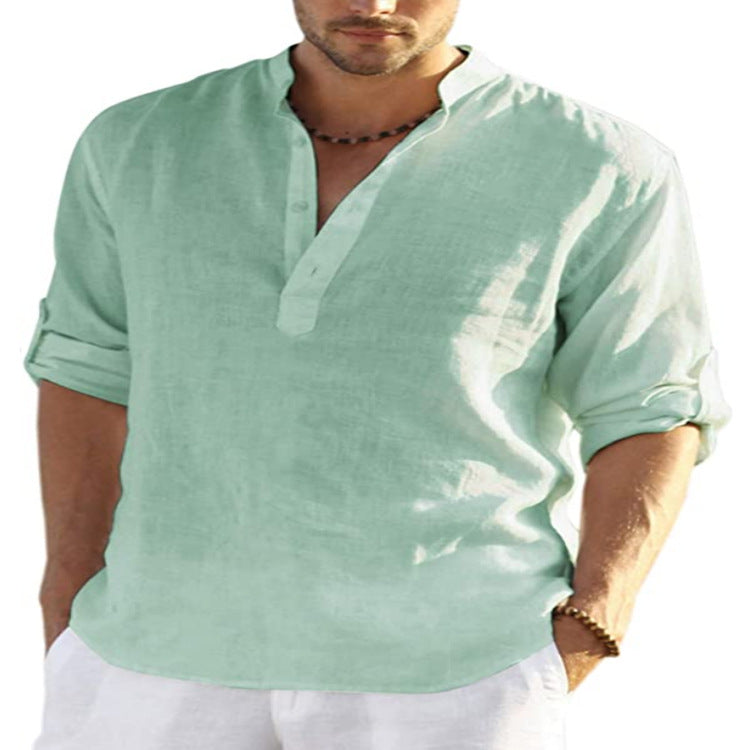 Men's Casual Linen Shirt - Cotton Linen Solid Color Long Sleeve with Loose Stand Collar - Maliame Store