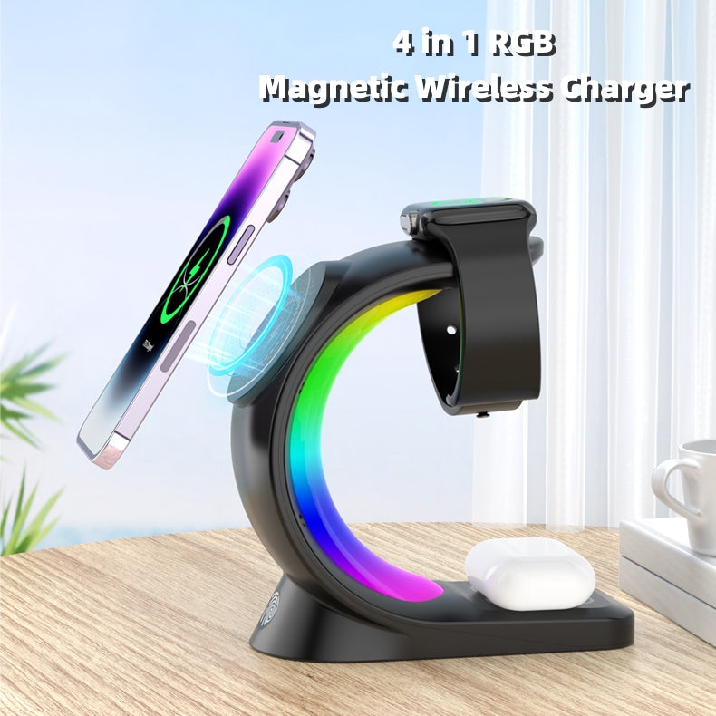 4 In 1 Wireless Charger - Fast Charging Station with Atmosphere Light for iPhone, AirPods Pro, and Apple Watch - Maliame Store