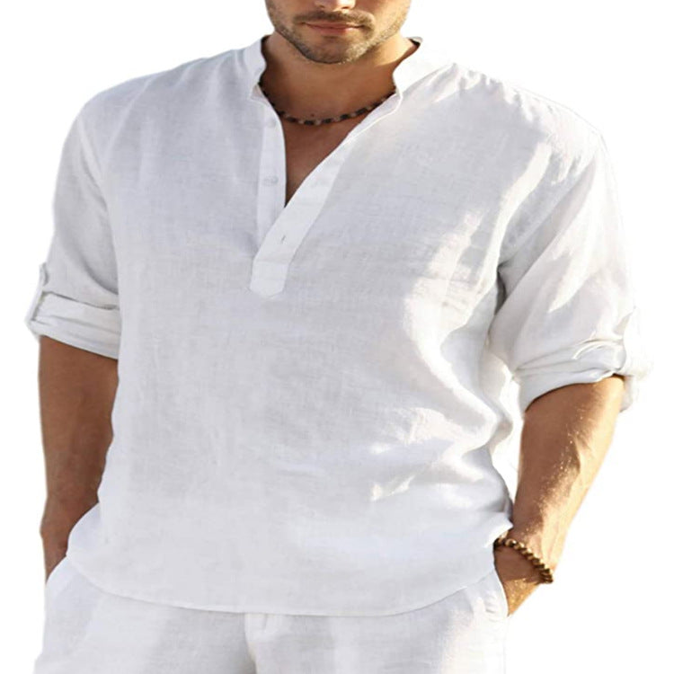 Men's Casual Linen Shirt - Cotton Linen Solid Color Long Sleeve with Loose Stand Collar - Maliame Store