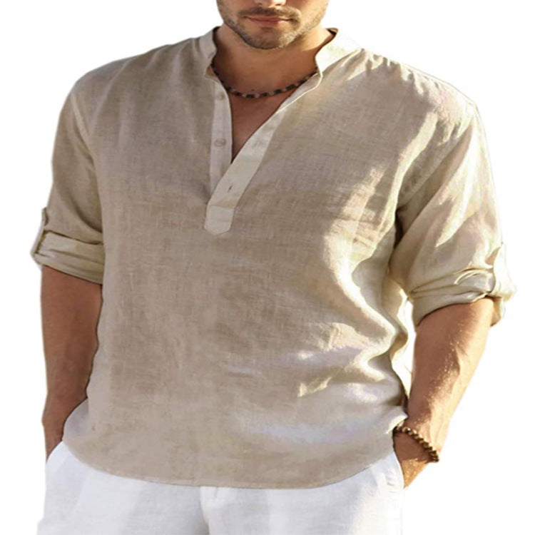Men's Casual Linen Shirt - Cotton Linen Solid Color Long Sleeve with Loose Stand Collar - Maliame Store