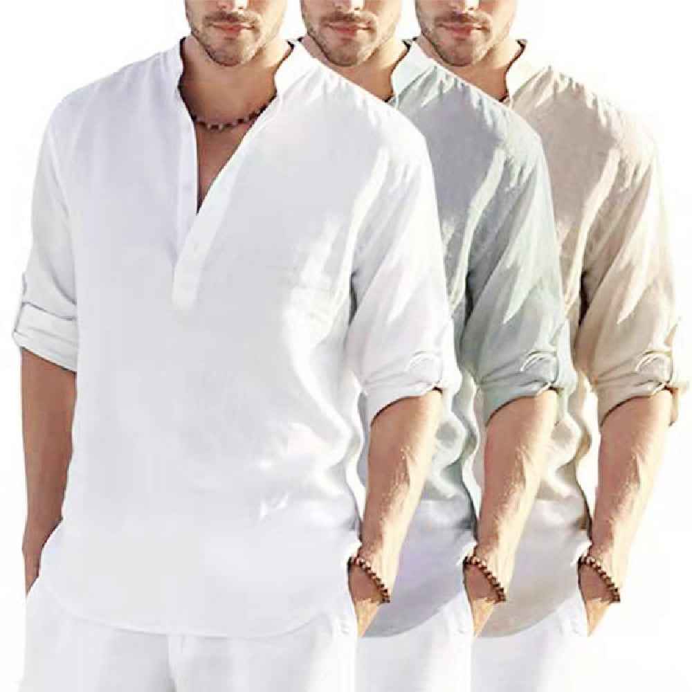 Men's Casual Linen Shirt - Cotton Linen Solid Color Long Sleeve with Loose Stand Collar - Maliame Store