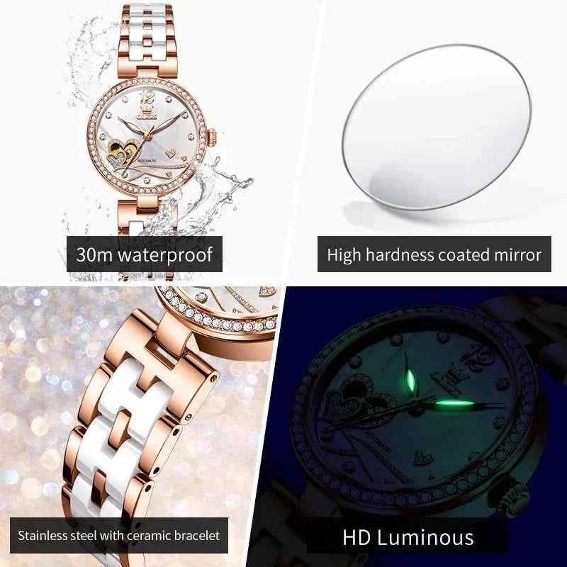 OLEVS 7086 Automatic Mechanical Watch for Women with Hollowed Diamond Dial and Luxury Ceramic Strap - Perfect Timepiece for Christmas Gift - Maliame Store