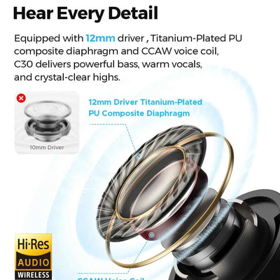 Auriculares inalámbricos SOUNDPEATS C30 de -52 dB con cancelación de ruido híbrida, Bluetooth 6.0, audio LDAC de alta resolución, 6 micrófonos ENC, carga rápida, IP54