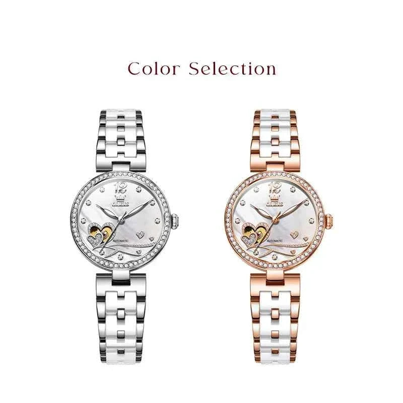 OLEVS 7086 Automatic Mechanical Watch for Women with Hollowed Diamond Dial and Luxury Ceramic Strap - Perfect Timepiece for Christmas Gift - Maliame Store