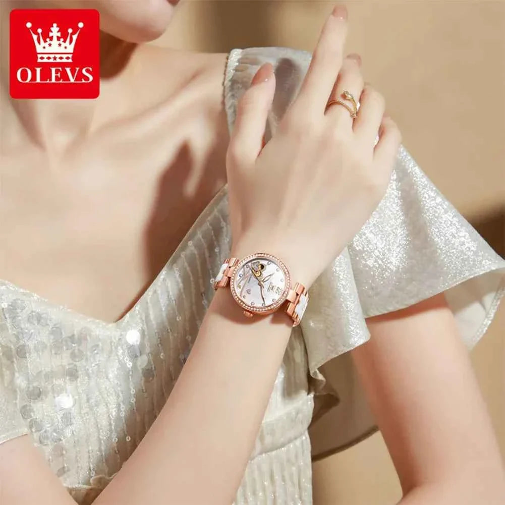 OLEVS 7086 Automatic Mechanical Watch for Women with Hollowed Diamond Dial and Luxury Ceramic Strap - Perfect Timepiece for Christmas Gift - Maliame Store