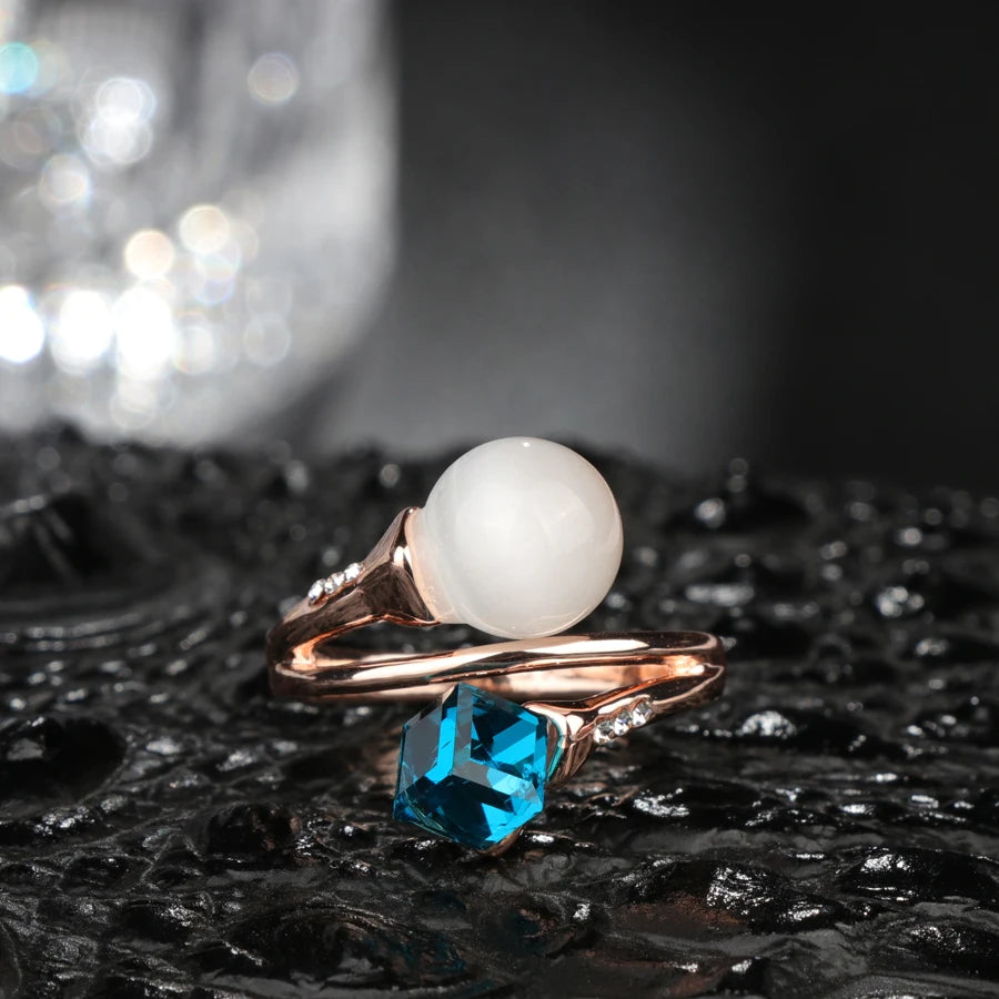 Kinel Luxury Opal Ring For Women 585 Rose Gold Blue Crystal Wedding Rings Fashion Jewelry Wholesale