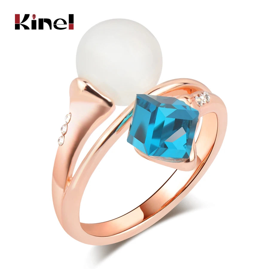 Kinel Luxury Opal Ring For Women 585 Rose Gold Blue Crystal Wedding Rings Fashion Jewelry Wholesale