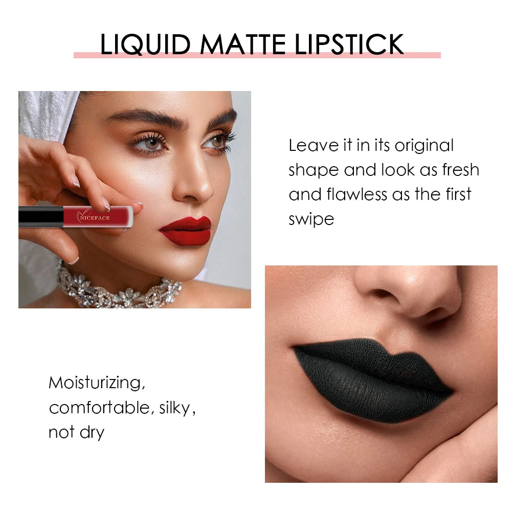 NICEFACE Matte Liquid Lipstick Waterproof Long Lasting Lip Gloss Tint Sexy Red Nude Purple Metallic Lipsticks Makeup Cosmetics - Maliame Store