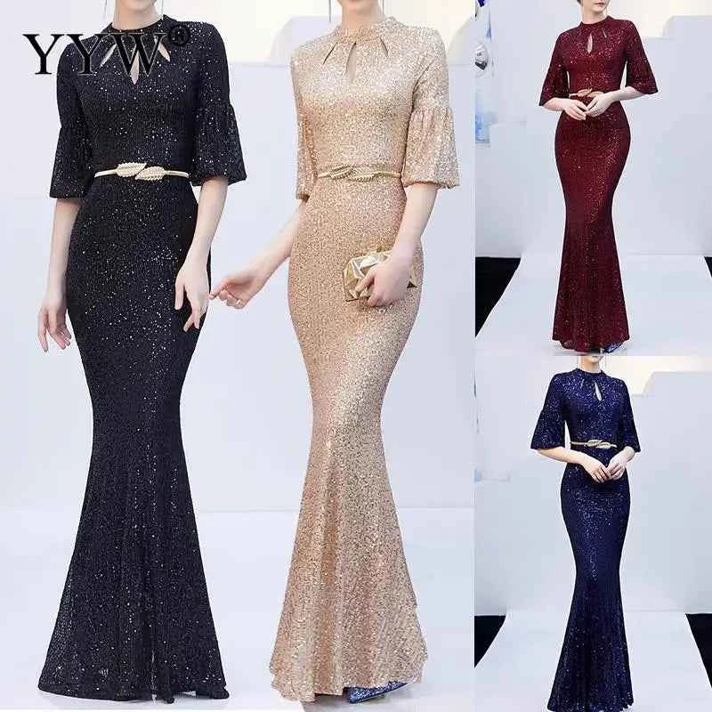 Sexy Deep V Neck Women Evening Dress Sequined Robe De Soiree Flare Sleeve Backless Ladies Elegant Long Party Dress Vestidos