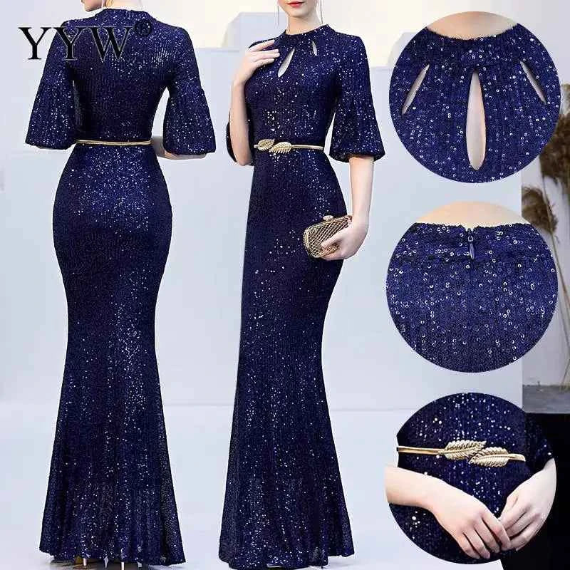 Sexy Deep V Neck Women Evening Dress Sequined Robe De Soiree Flare Sleeve Backless Ladies Elegant Long Party Dress Vestidos