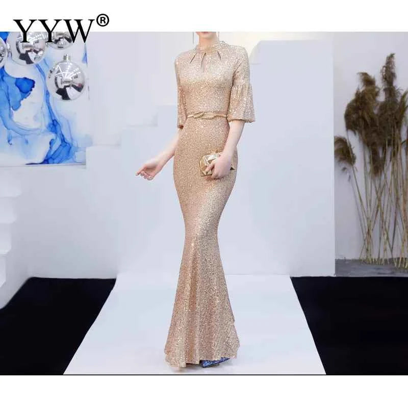Sexy Deep V Neck Women Evening Dress Sequined Robe De Soiree Flare Sleeve Backless Ladies Elegant Long Party Dress Vestidos