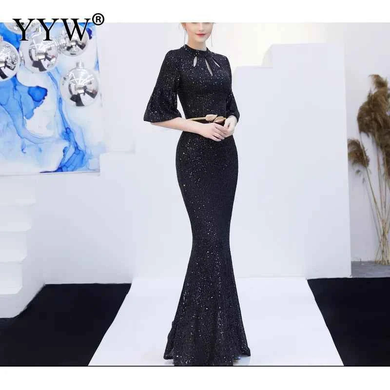 Sexy Deep V Neck Women Evening Dress Sequined Robe De Soiree Flare Sleeve Backless Ladies Elegant Long Party Dress Vestidos