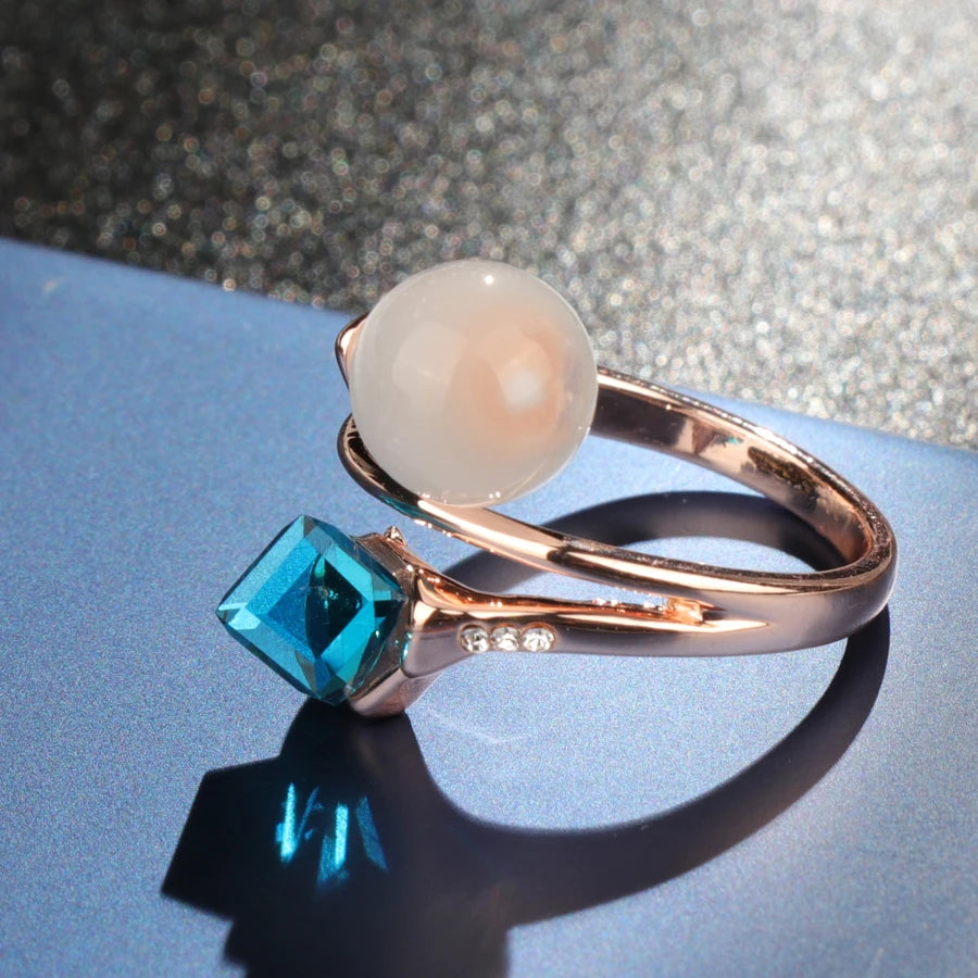 Kinel Luxury Opal Ring For Women 585 Rose Gold Blue Crystal Wedding Rings Fashion Jewelry Wholesale