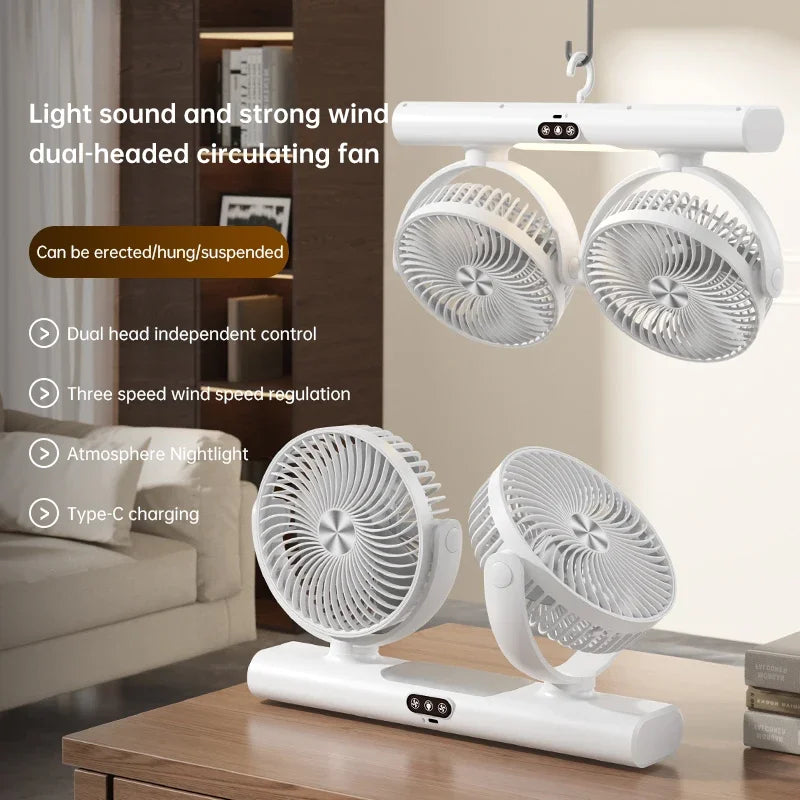 Ventilateur Double Tête Rechargeable – 3 Vitesses, Charge Type-C & Veilleuse