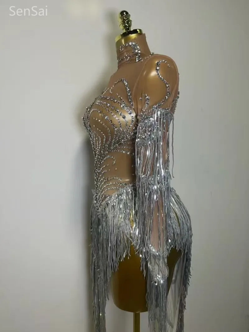 Sexy Transparent Dress Women Sparkly Rhinestone Pearl Sequins Tassel Evening Birthday Party Nightclub Dance Singer Stage Outfit