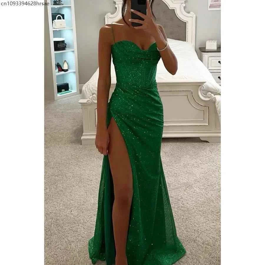 Sexy Off-shoulder Gown Dress Elegant Sequin Maxi Dresses for Evening Party Prom Slip Slim Split Long Canonicals