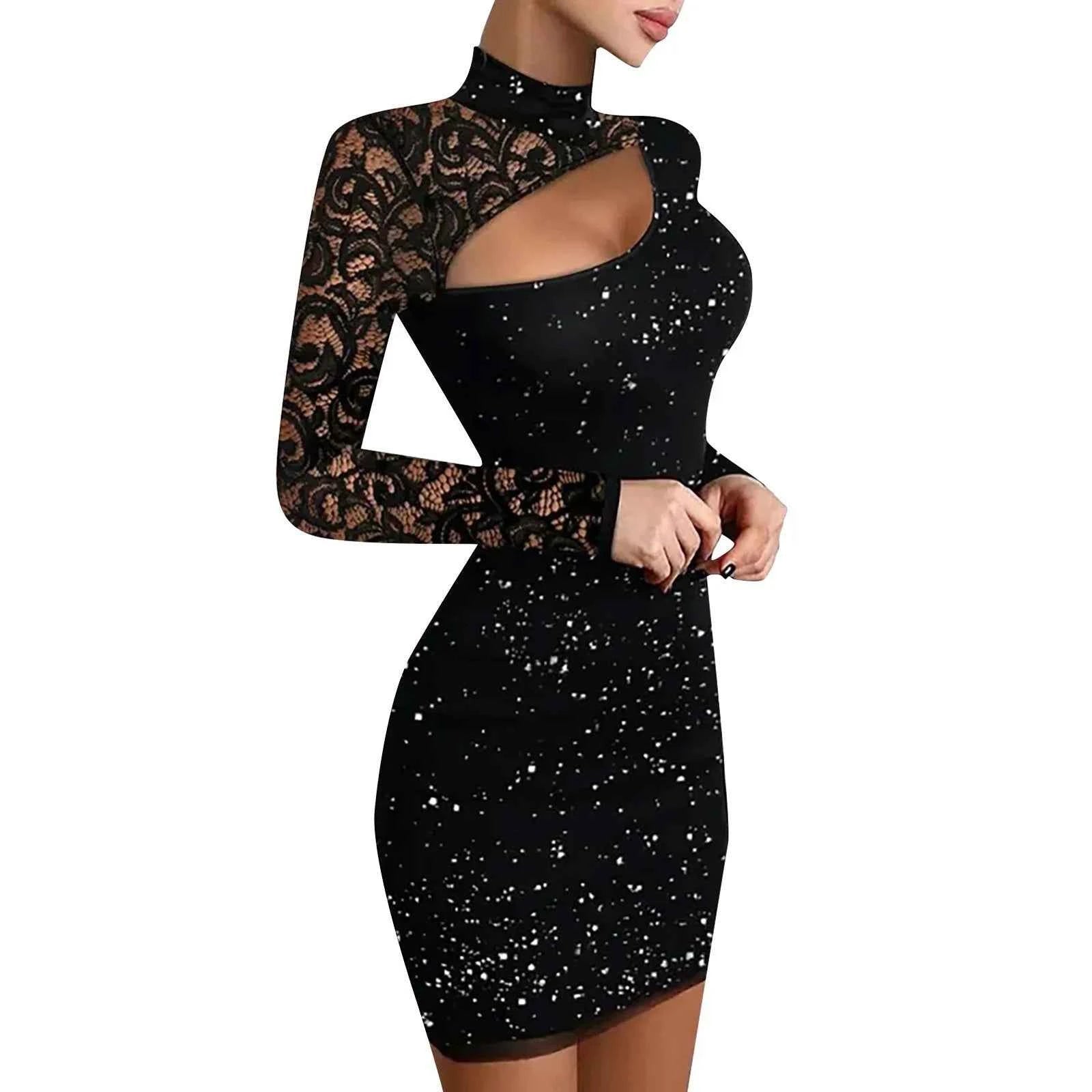 Sexy Dresses for Women Female Party Dresses Wedding Guest Temperament Women's Skinny Glitter Contrast Lace Cutout Bodycon Dress