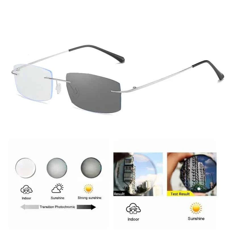 Square Titanium Alloy Rimless Photochromic Gray Reading Glasses Men Women Presbyopia Readers Color Changing Gray Sunglasses - Maliame Store