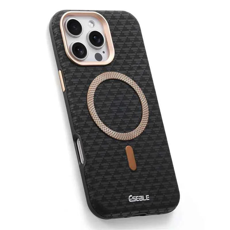 Luxury Leather Carbon Fiber Texture Phone Case For iPhone 13 14 15 16 17 Pro Max For Magsafe Wireless Charging Shockproof Cover