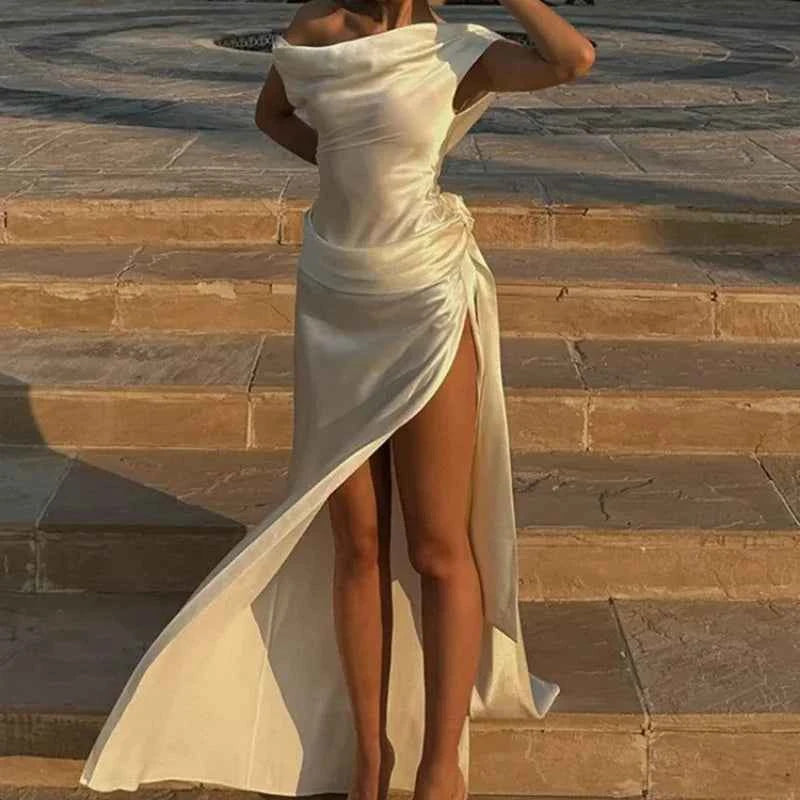 Elegant Satin Dress for Women Sexy Spliced Floral Hollow Out Backless Slit Long Dresses 2025 New Chic Temperament Cocktail Dress