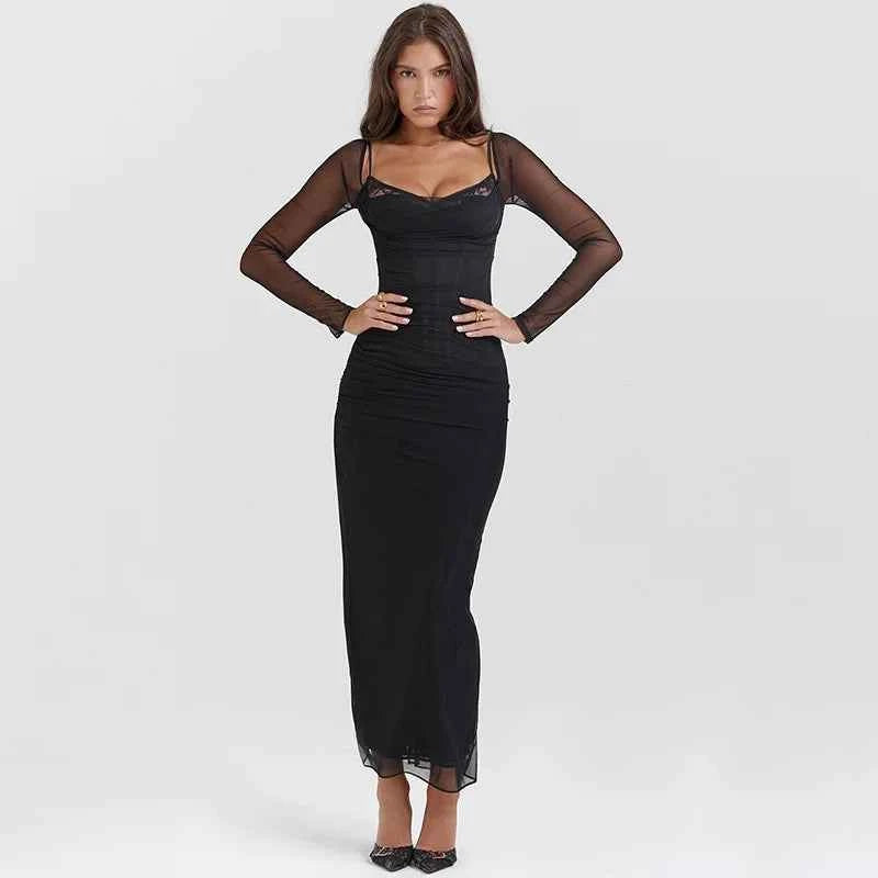 Sexy Dresses 2025 Woman New Autumn Streetwear Fashion Solid Color Mesh Casual Slim Dress Elegant Knitted Dresses Clothing