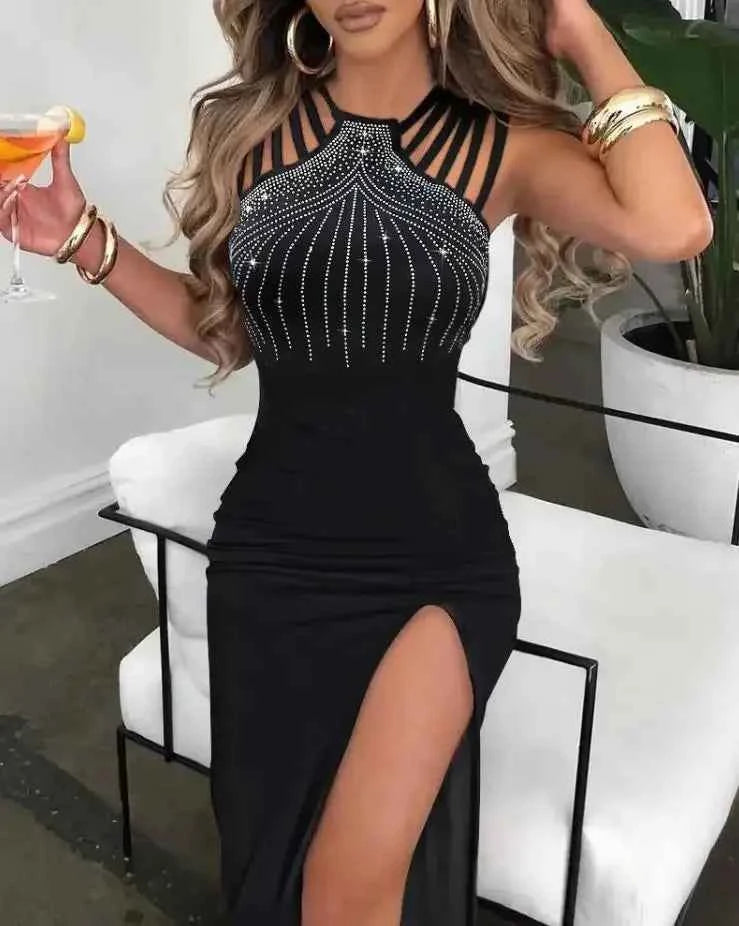 Sexy Dress for Women Rhinestone Decor Elegant Fashion Multi-Strap High Slit O-Neck Sleeveless Maxi Skinny Female Party Dress