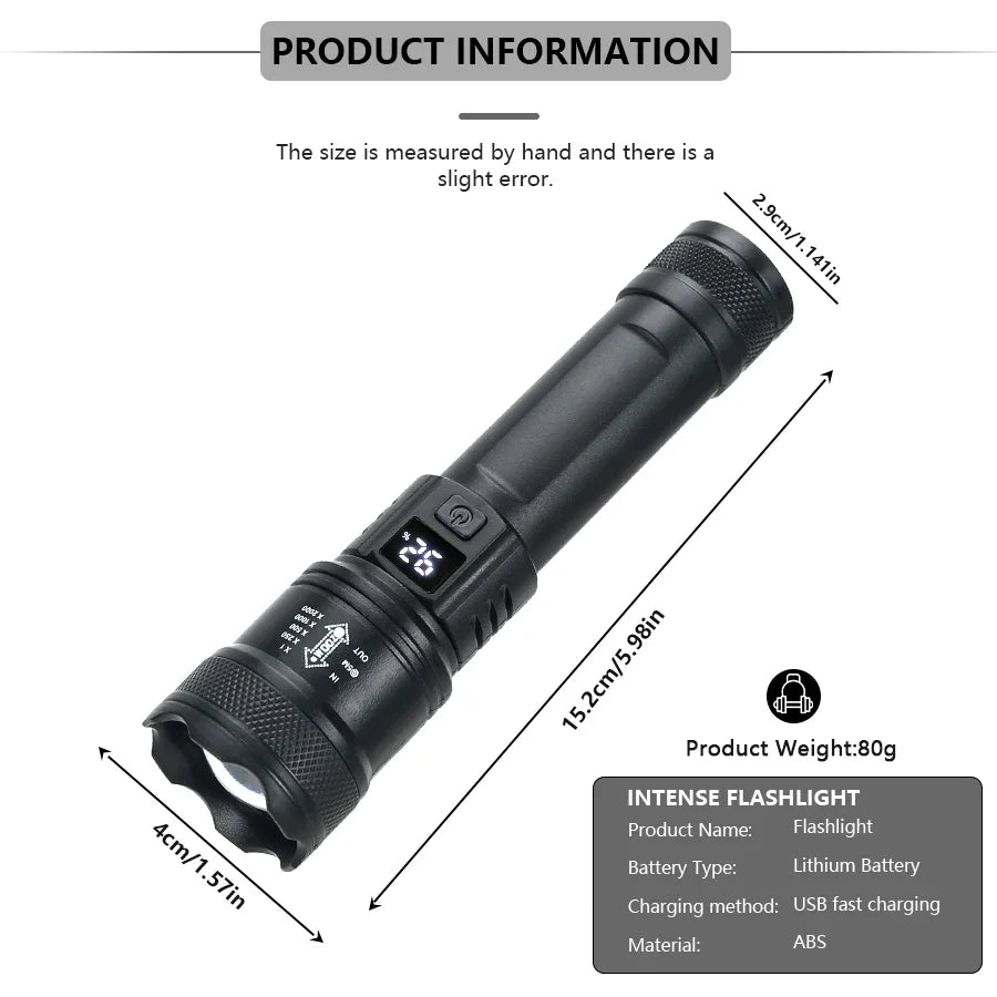 High Strong Power Led Flashlights 2000LM Tactical Torch with Display Light USB Charging Camping Fishing Emergency Zoom Lantern - Maliame Store