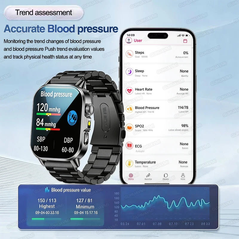 Nouvelle montre intelligente ECG de diagnostic de santé précis pour hommes, tension artérielle, oxygène sanguin, graisse sanguine, acide urique, température, appel Bluetooth