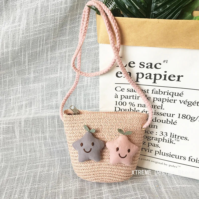 Summer Children's Straw Woven Messenger Bag Lovely Girls Small Coin Purse Handbags Baby Kids Mini Shoulder Bags Princess Wallet - Maliame Store