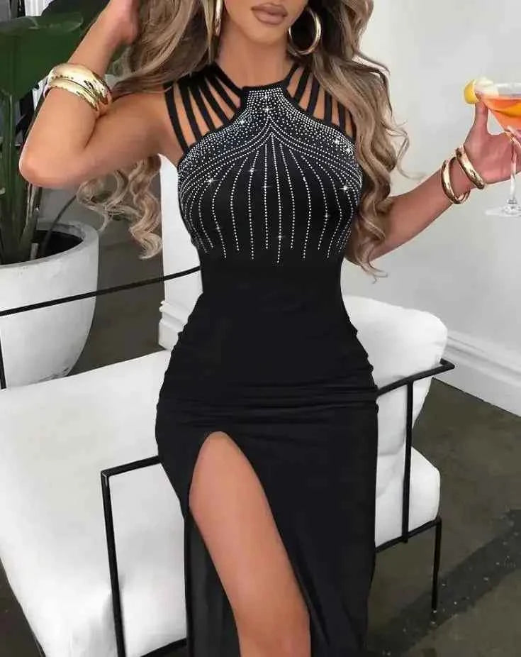 Sexy Dress for Women Rhinestone Decor Elegant Fashion Multi-Strap High Slit O-Neck Sleeveless Maxi Skinny Female Party Dress