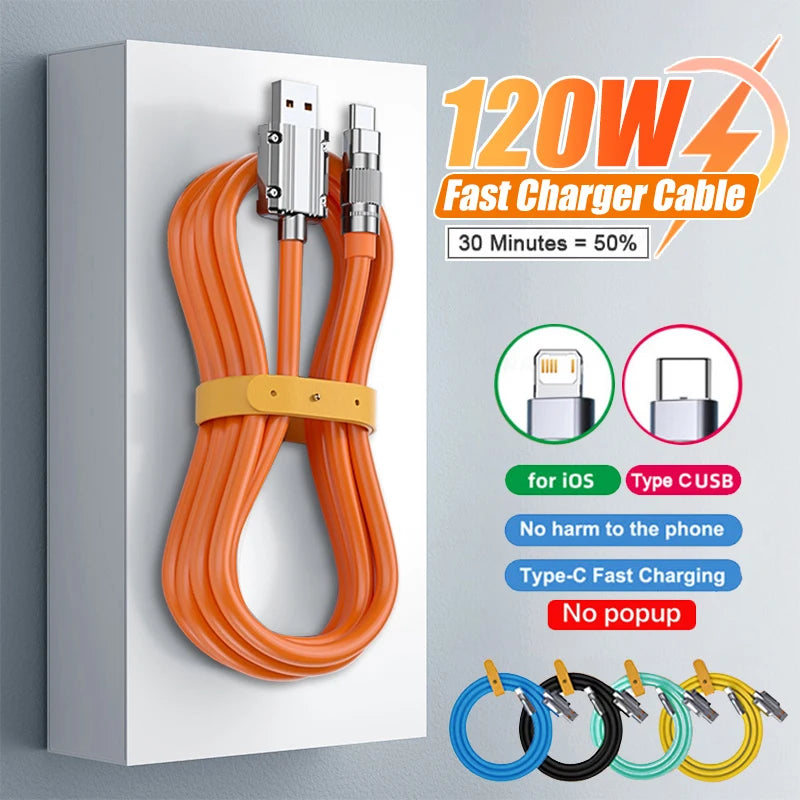 120W 6A Super Fast Charge USB C Liquid Silicone Cable For iPhone 14 15 Huawei Samsung Xiaomi Quick Charger Type-C Data Wire - Maliame Store