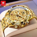 OLVES Luxury Men's Watches Golden Stainless Steel Man Watch Luminous Quartz Wrist Watch Automatic Movement Watches for Men Clock