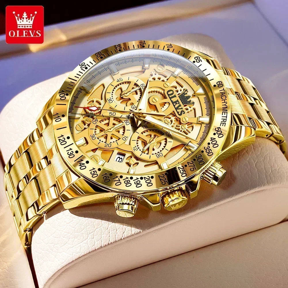 OLVES Luxury Men's Watches Golden Stainless Steel Man Watch Luminous Quartz Wrist Watch Automatic Movement Watches for Men Clock