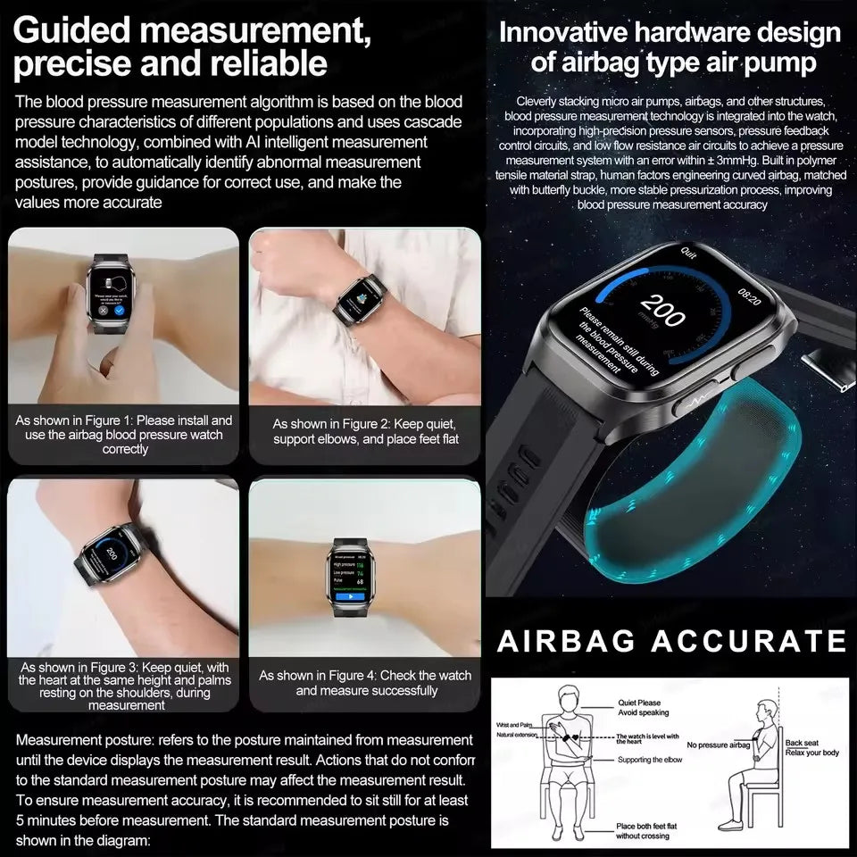2026 Nouvelle Mise à Niveau AI Diagnostic Airbag Tension Artérielle Précise Santé Montre Intelligente Acide Urique ECG Lipides Sanguins Montre Intelligente Hommes Femmes