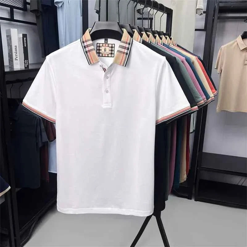 Luxury brand short sleeve polo shirt men's summer new silk cotton breathable fashion top casual business plaid lapel T-shirt - Maliame Store