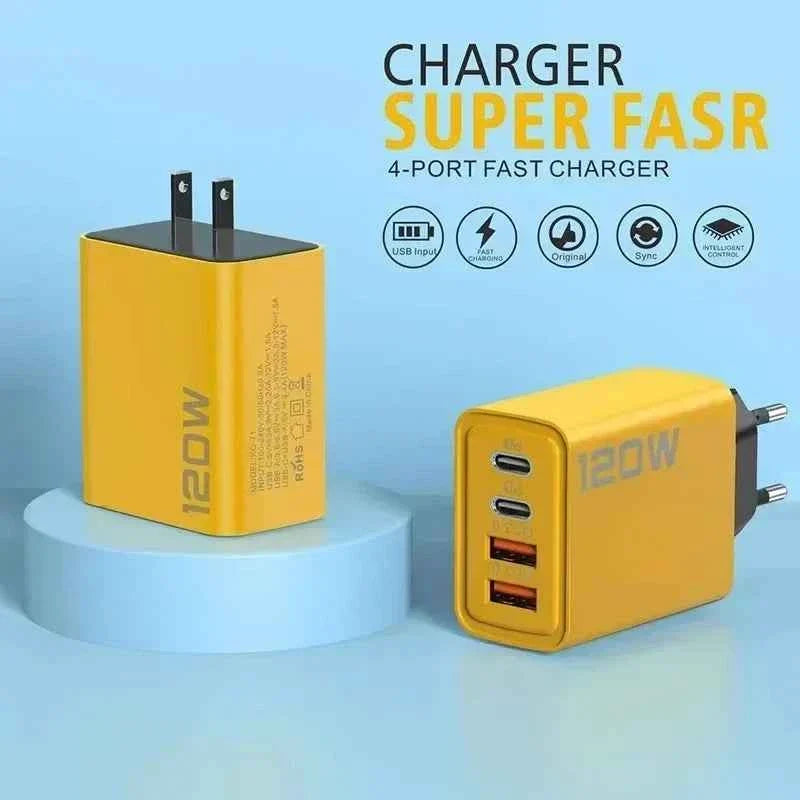 120W Fast Charger with 4-Port USB C PD Adapter and 10A Type-C Cable for Xiaomi, iPhone 16, and Huawei - Maliame Store