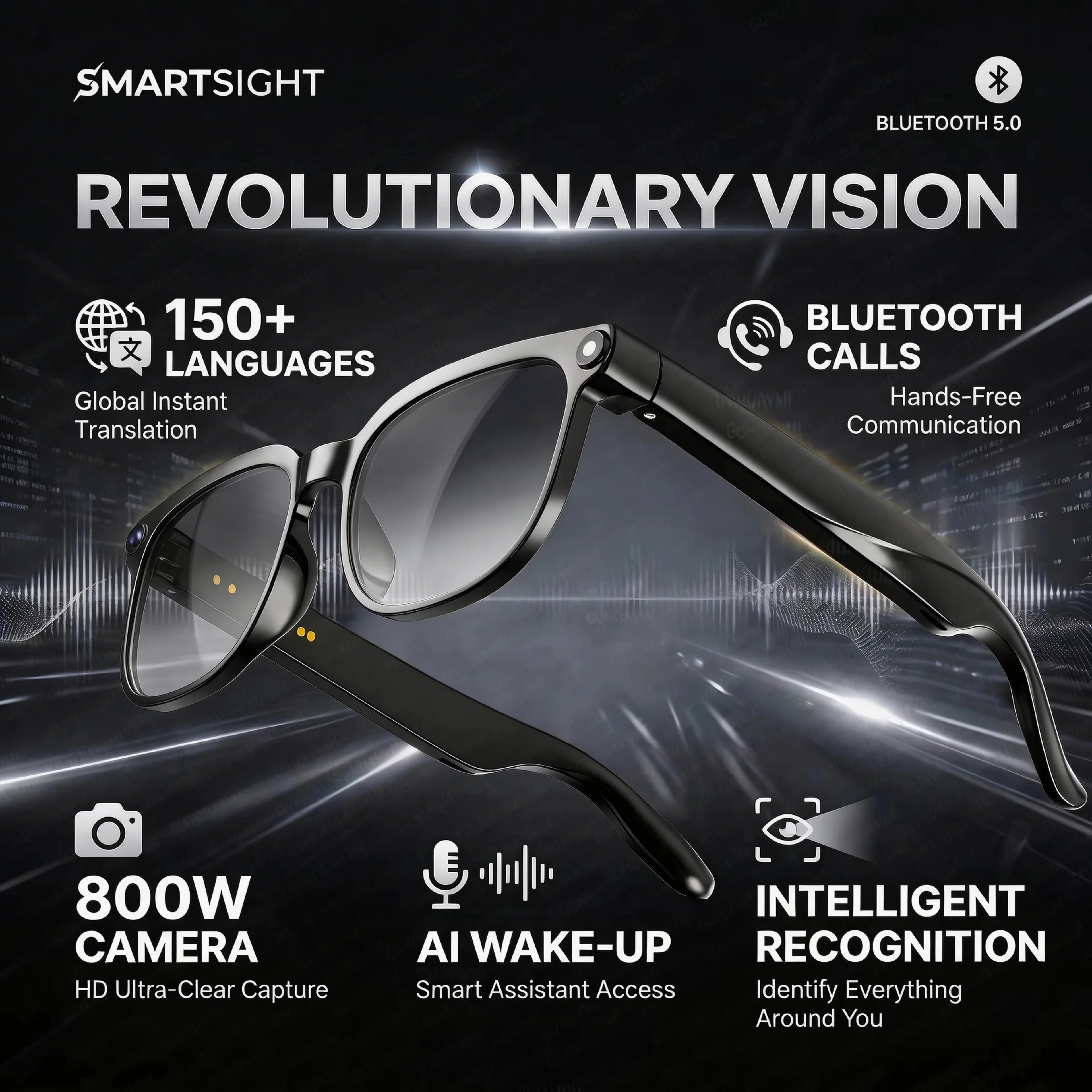 Lunettes intelligentes 4K 8MP Homme avec caméra HD 2026, traduction plus de 150 langues, ChatGPT, enregistrement vidéo WIFI, appel Bluetooth, lunettes audio Femme