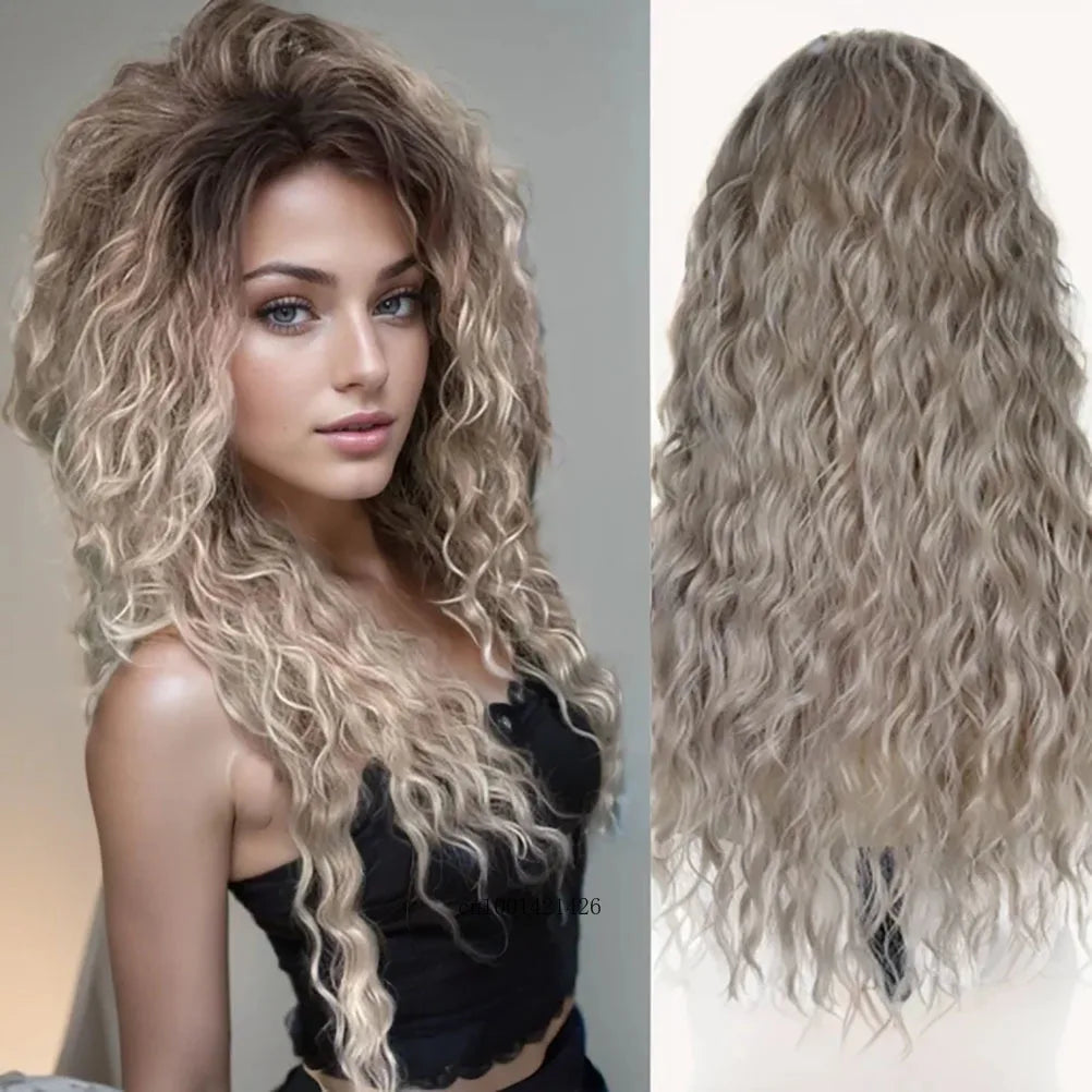 New Ash Blonde Wig Synthetic Long Curly Hair Wigs for Women Fluffy Wave Ombre Wig Costume Carnival Party Regular Cur Wig 26 Inch - Maliame Store