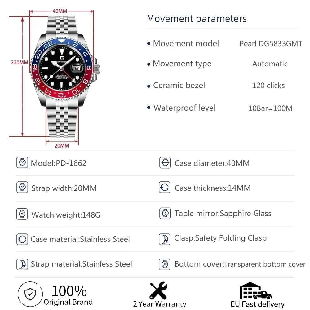 PAGANI DESIGN V3 Version GMT Watches Men's Luxury Sapphire Automatic Mechanical Watch 40MM Stainless Steel Waterproof Watch - Maliame Store