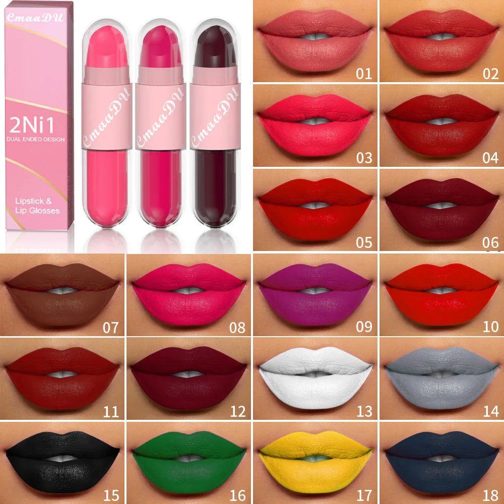 18 Colors 2 in 1 Matte Lipstick Liquid Purple Lip Glaze Double Head Lip Makeup Lasting Waterproof Velvet Sexy Dark Red Lipsticks - Maliame Store