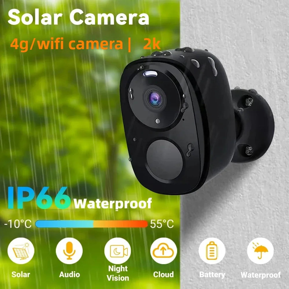 Caméra de sécurité solaire 4G 5MP WiFi 2,4G sans fil extérieure vision nocturne couleur alimentée par batterie support PIR étanche audio bidirectionnel