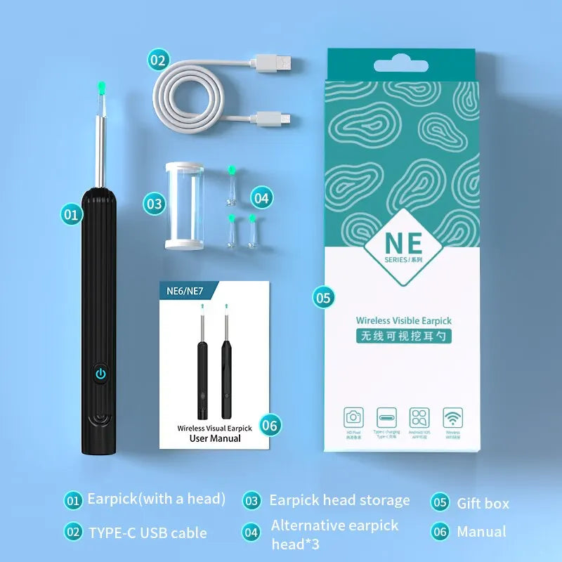 Smart Visual Ear Cleaner with Camera 1296P Ear Sticks USB C Charging Ear Wax Removal Tool WIFI Connection 6 LED Lights Earpick - Maliame Store