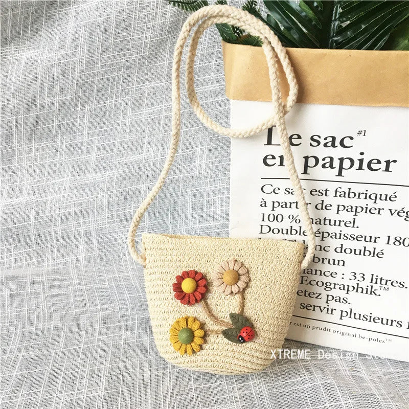 Summer Children's Straw Woven Messenger Bag Lovely Girls Small Coin Purse Handbags Baby Kids Mini Shoulder Bags Princess Wallet - Maliame Store