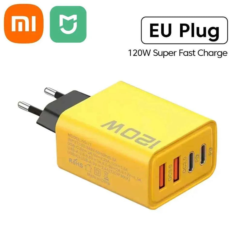 120W Fast Charger with 4-Port USB C PD Adapter and 10A Type-C Cable for Xiaomi, iPhone 16, and Huawei